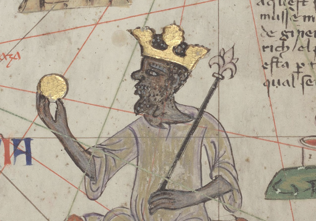 Mansa Musa sitting on a throne and holding a gold coin