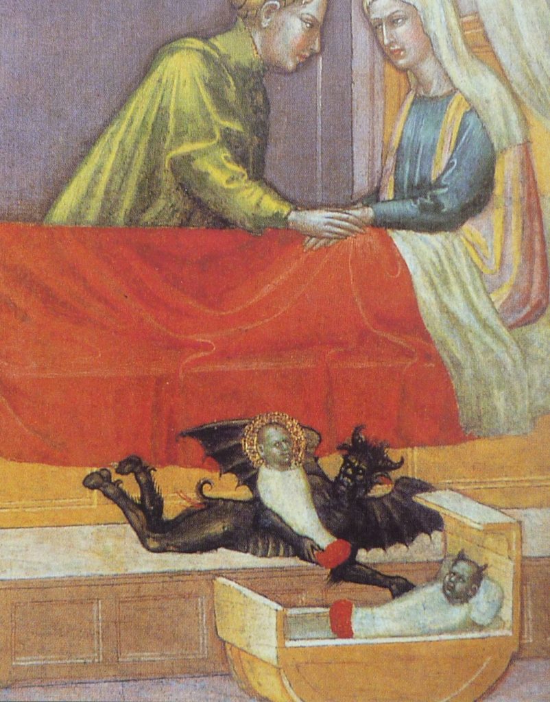 The devil steals a baby, leaving a concealed changeling.
