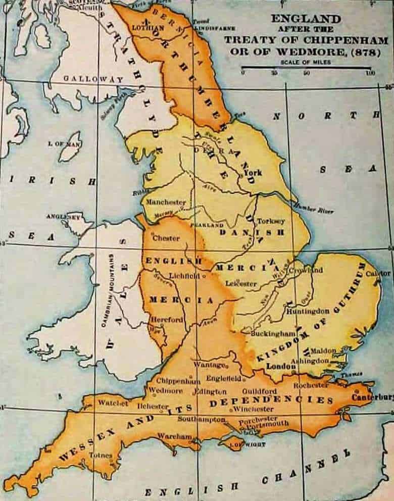 The Danelaw is shown here in Yellow