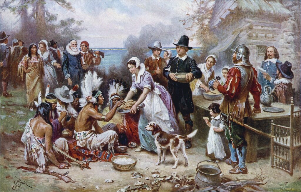 The First Thanksgiving, 1621. Painting by Jean Leon Gerome Ferris, circa 1912.