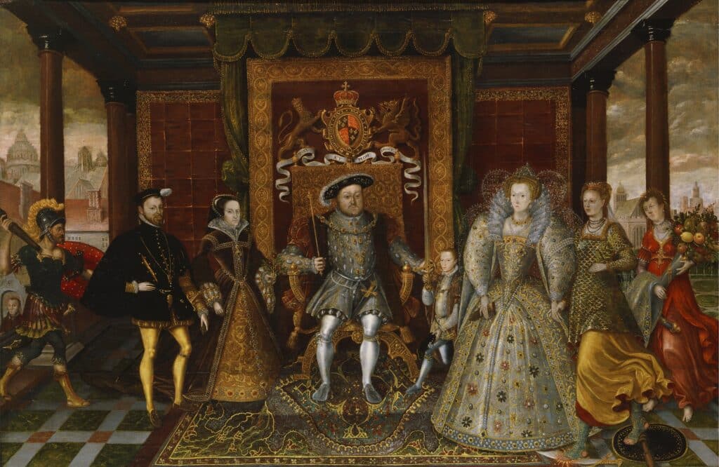 Monarch in regal robes seated on an ornate throne, flanked by noble attendants in jeweled attire during a coronation ceremony with a heraldic crest overhead.