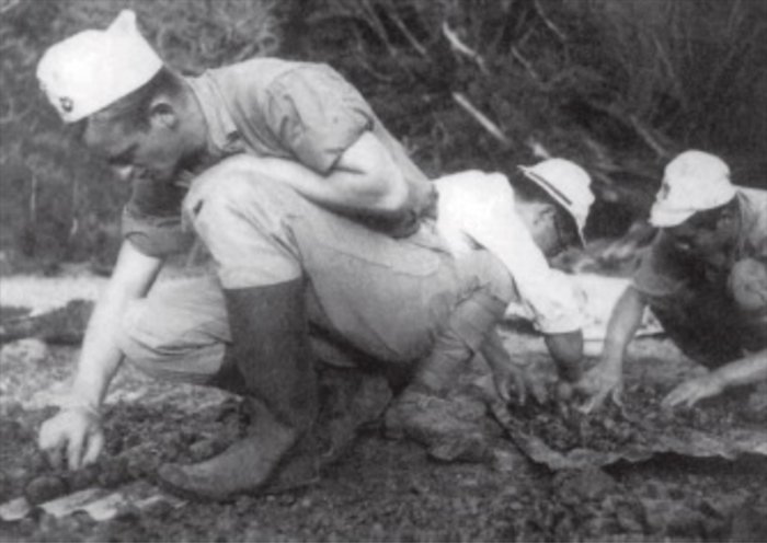 Three men in caps crouch and dig through soil on a hillside on Chichijima