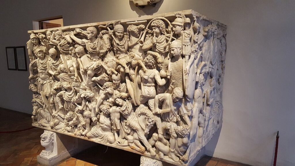 The Ludovisi Battle Sarcophagus, a crowded marble relief of Roman cavalry and infantry overwhelming long-haired barbarian warriors