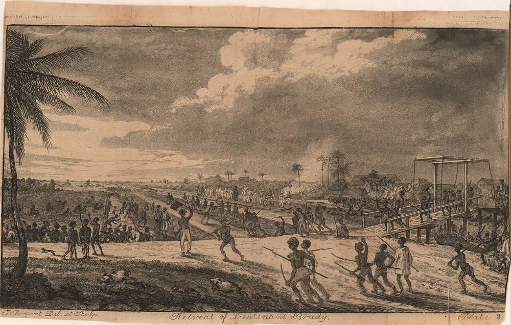 Engraving of a long coastal road with crowds of armed enslaved people advancing past plantation buildings while soldiers retreat