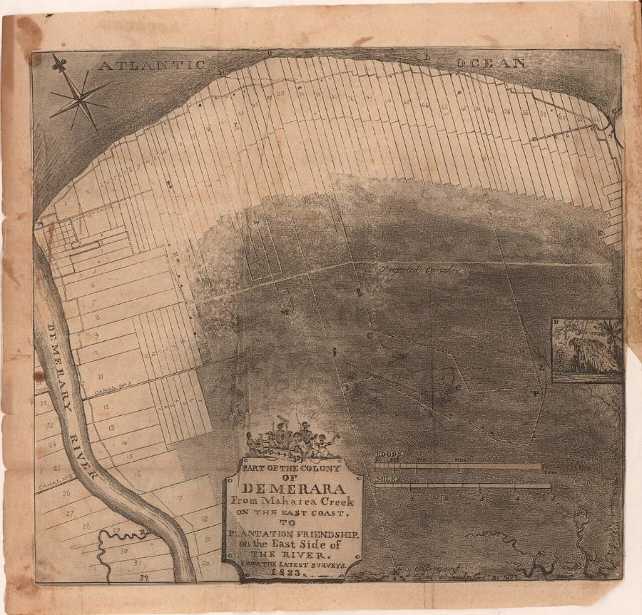 An 1823 map of the east coast of Demerara showing numbered plantation strips running inland from the Atlantic shore