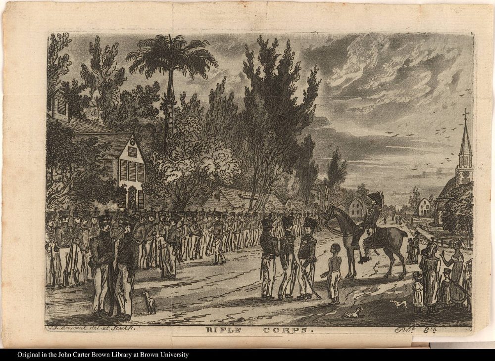 Engraving of colonial militia in uniform drawn up along a street in Georgetown, with an officer on horseback