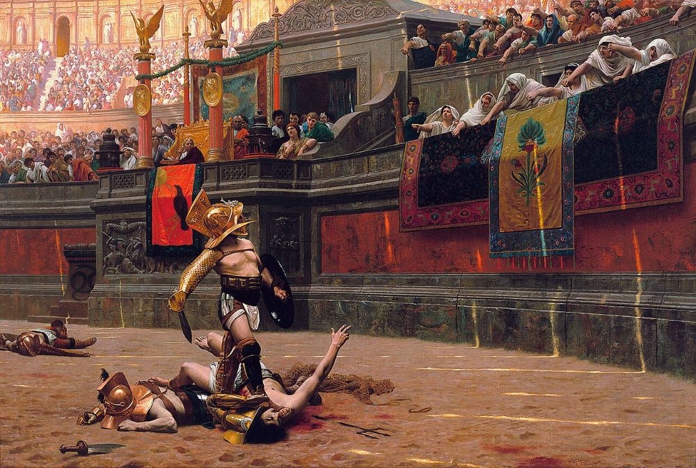 Painting of a gladiator standing over a fallen opponent in the Colosseum while spectators, including Vestal Virgins, point their thumbs down