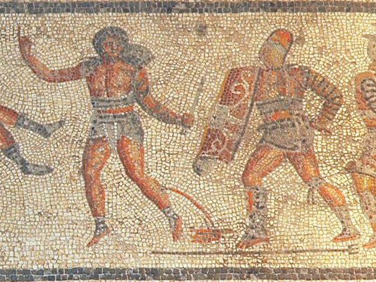 Roman mosaic of a disarmed net-fighter raising his hand toward an armored opponent with a large shield