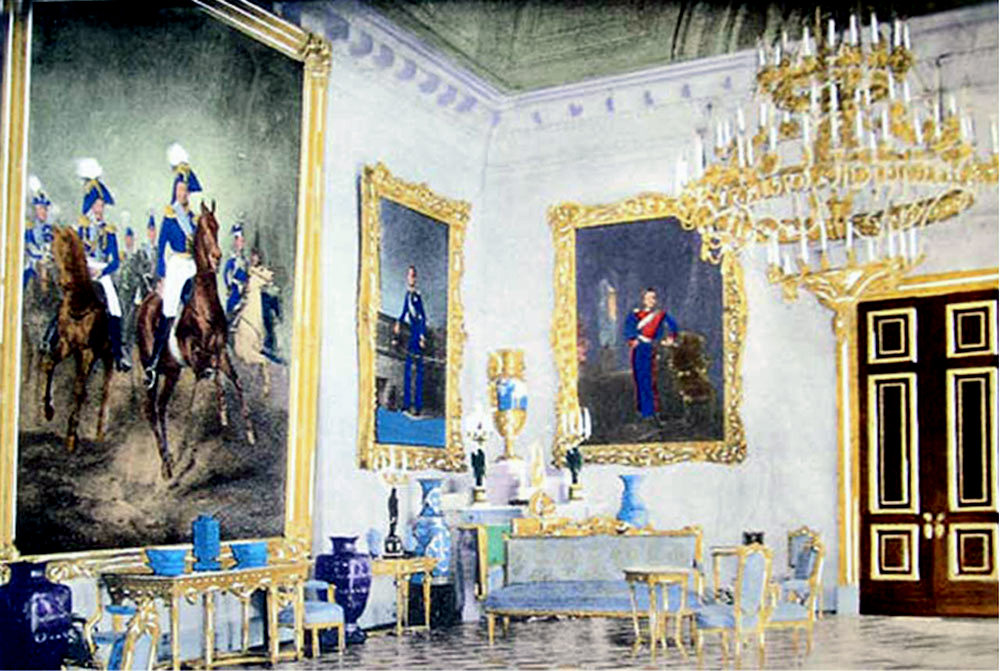A colour photograph of a grand palace hall hung with portraits