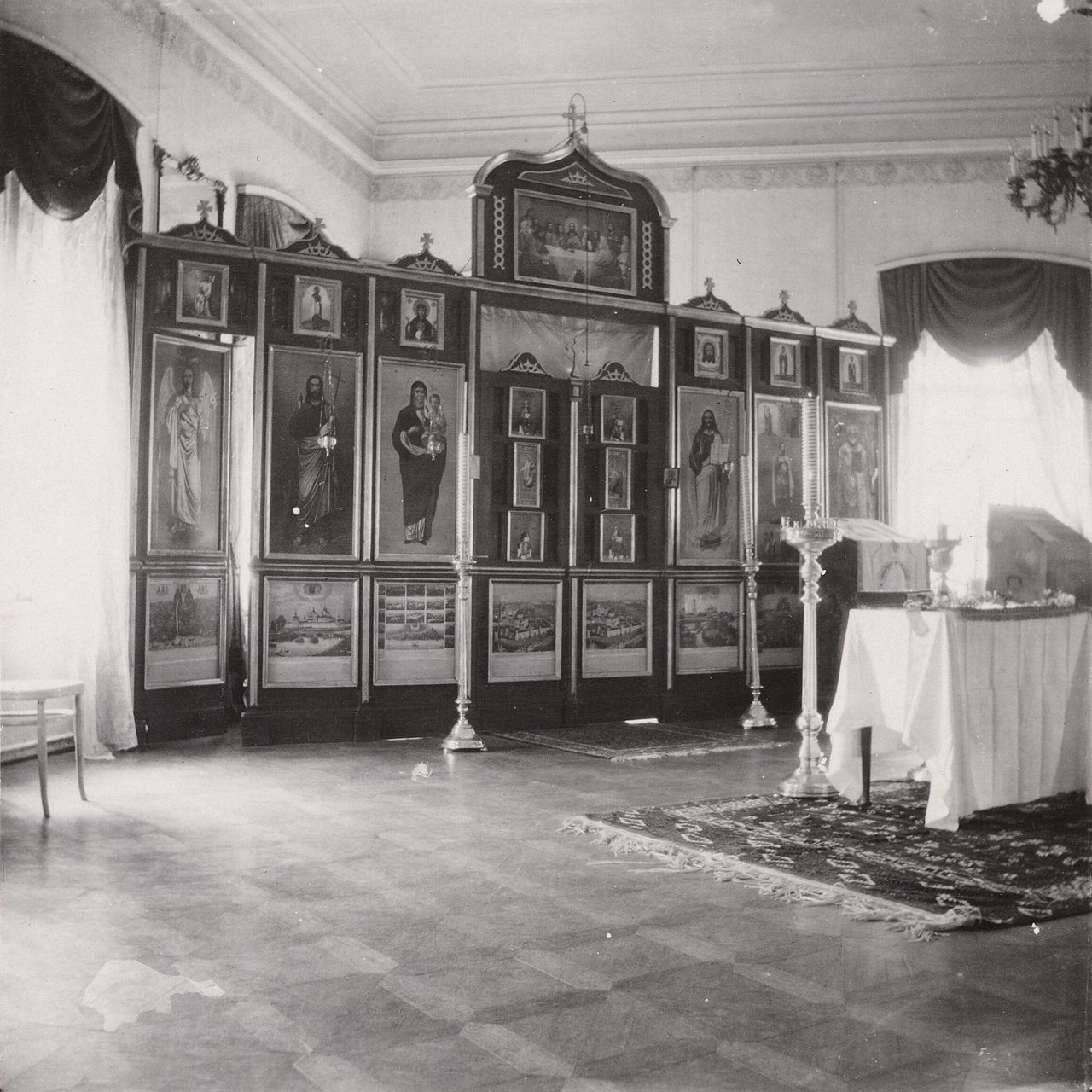 A large room fitted out with an icon screen and altar as a private chapel