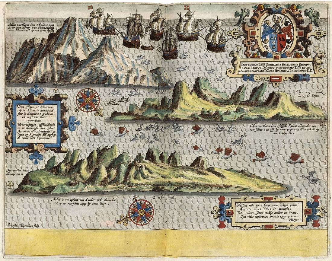 A hand-coloured Dutch engraving showing three profile views of Ascension Island from the sea, with sailing ships, compass roses and Latin cartouches