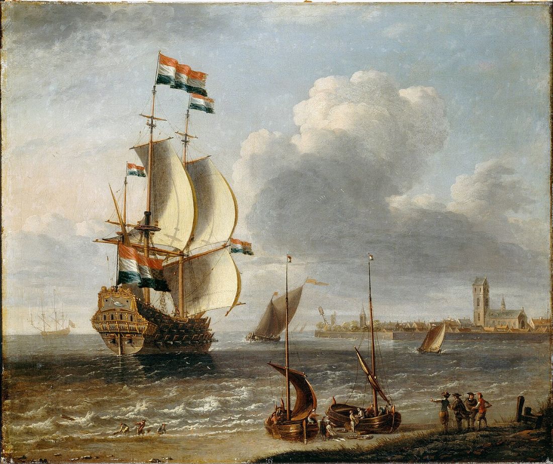An oil painting of a Dutch East Indiaman under sail off the town of Hoorn, flying the Dutch tricolour, with small boats and figures on the shore