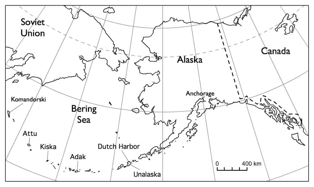 Line map of Alaska and the Aleutian chain, labelling Attu, Kiska, Adak, Dutch Harbor and the Bering Sea