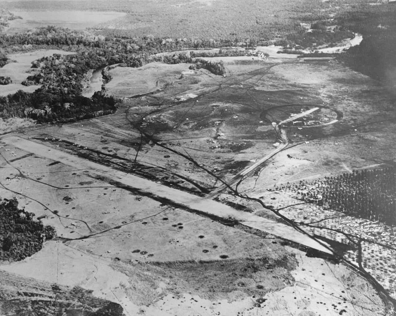 Aerial view of a rough airstrip cut out of jungle and grassland