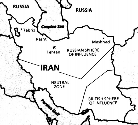 A simple line map of Iran marked with a Russian sphere of influence across the north, a British sphere in the southeast, and a large neutral zone between them