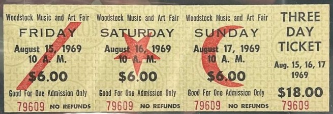 A 1969 Woodstock Music and Art Fair three-day ticket strip, printed with six dollars for each of Friday, Saturday and Sunday and eighteen dollars for all three days